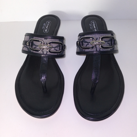 Coach Virginia Black/White/Grey Signature Wedge Sandals Size 8.5 - Picture 4 of 10